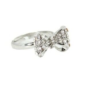 T+J Designs Adjustable Rhinestone Bow Ring Silver-Tone *NEW*